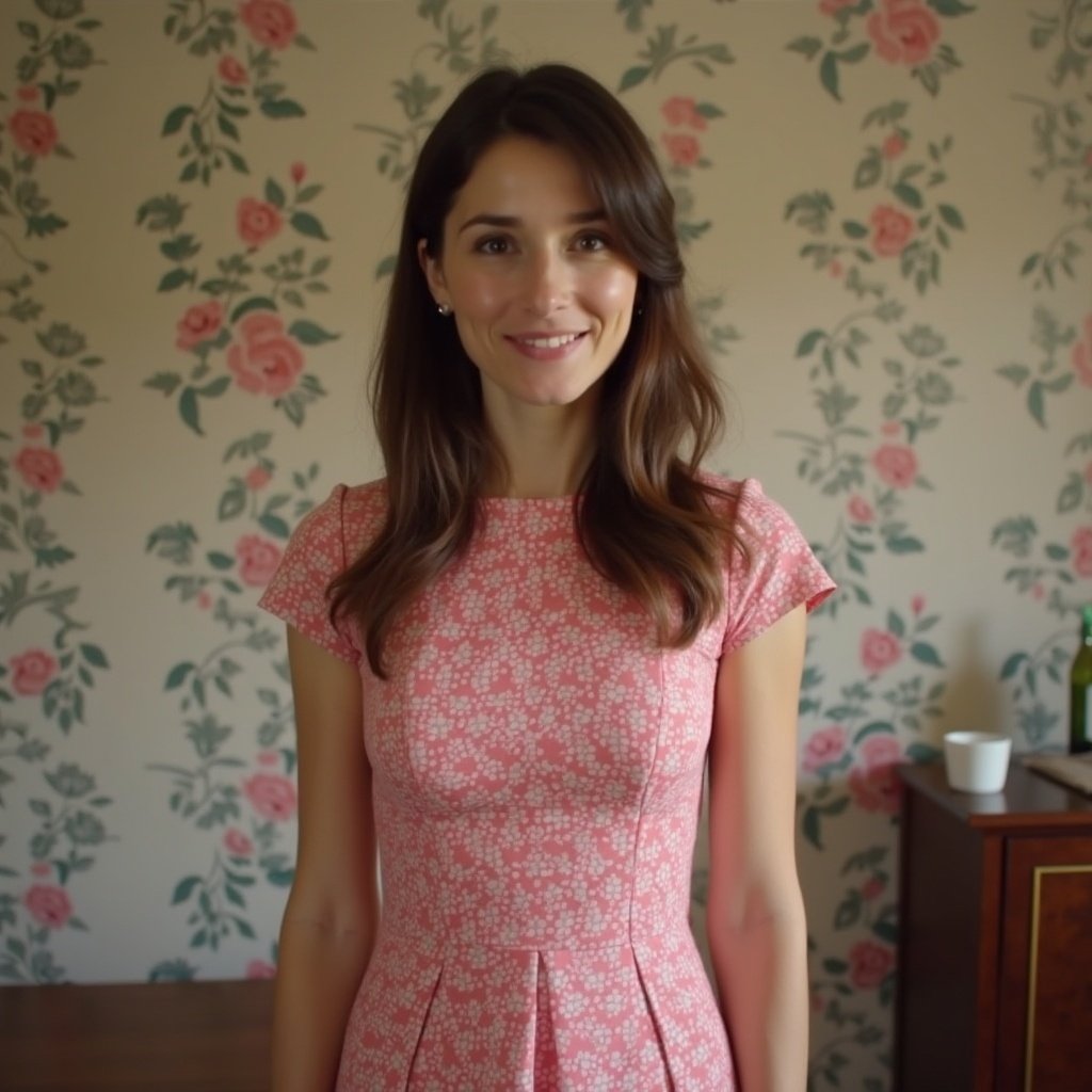 In a cozy room, a woman stands smiling confidently. She is wearing a fitted pink dress adorned with a delicate floral pattern. The walls are covered in matching floral wallpaper, creating a harmonious backdrop. Soft light fills the space, highlighting her features and the warmth of the environment. A small table is visible with a few decorative items, adding a touch of elegance to the scene. The overall atmosphere is inviting and cheerful, perfect for a fashion or lifestyle theme.