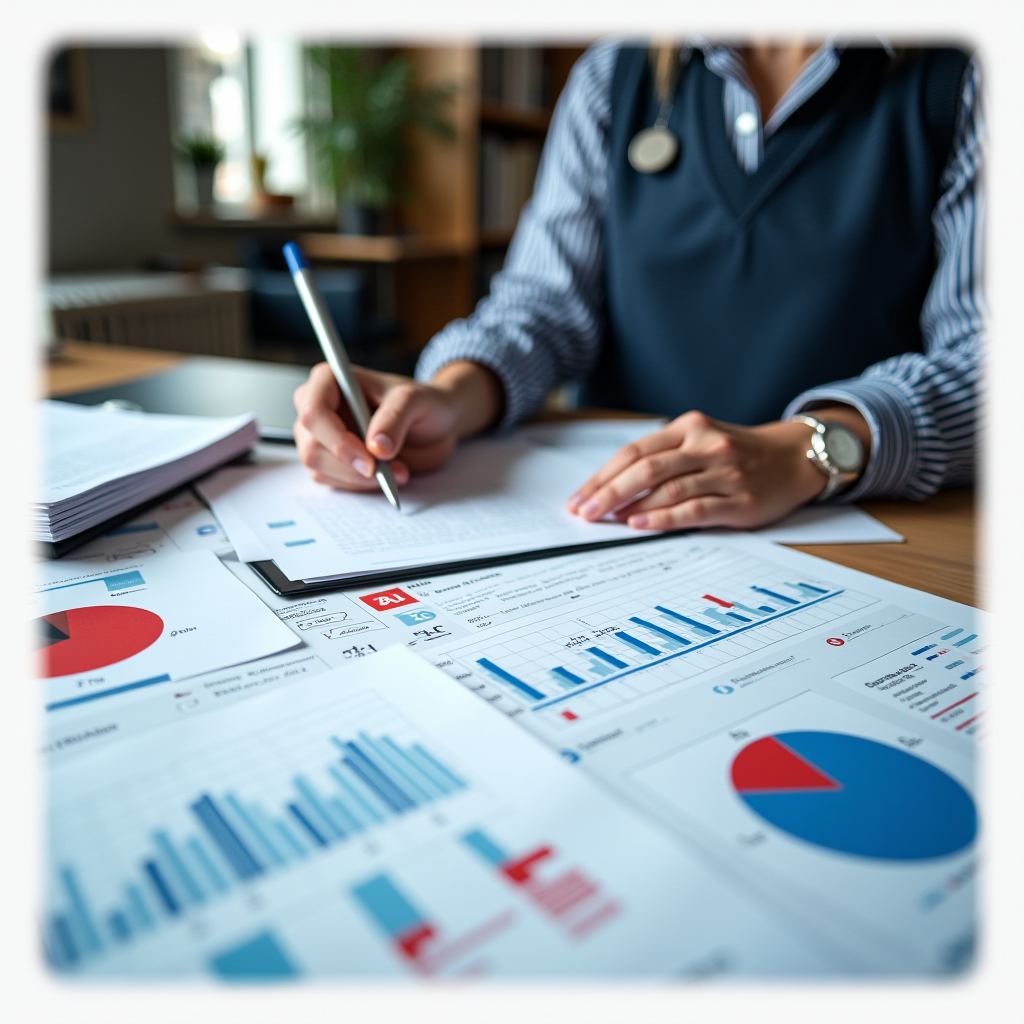 A person is analyzing financial reports with graphs and charts spread across a desk.