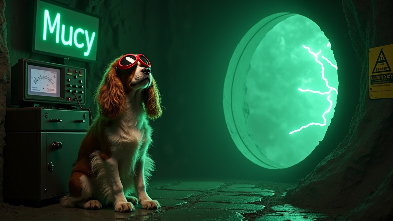 In a dark and eerie bunker, a fluffy Cavalier King Charles Spaniel is sitting next to a glowing green portal to another dimension. The dog is wearing red welding goggles, highlighting its expressive face. Next to the dog, there's an array of scientific equipment, including oscilloscopes and Geiger counters, displaying signals that enhance the technological atmosphere. Lightning bolts illuminate the scene, adding an element of suspense. On a nearby computer screen, the text 'Mucy' appears in a glowing green font. Numerous radiation warning signs can be seen in the distant background, all contributing to a blend of technology, scientific discovery, and pet companionship.