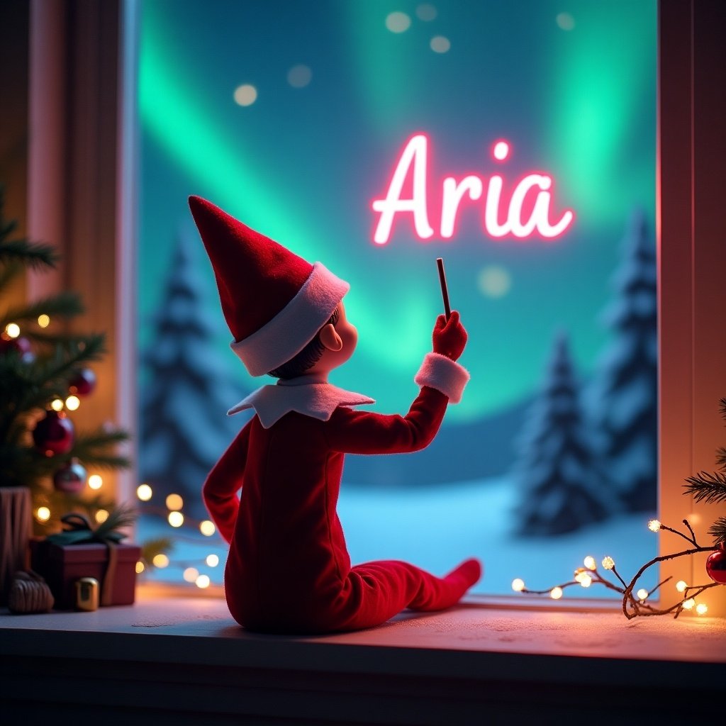 This image depicts an enchanting Christmas scene featuring an elf on the shelf. The elf is dressed in festive red and white, sitting by a window with his back to the viewer. In the sky, he is using a magic wand to write 'Aria' in glowing pink script. The backdrop is filled with vibrant northern lights, enhancing the magical ambiance. The scene conveys the joyous spirit of Christmas with a whimsical twist, evoking feelings of wonder and excitement inherent to the holiday season.