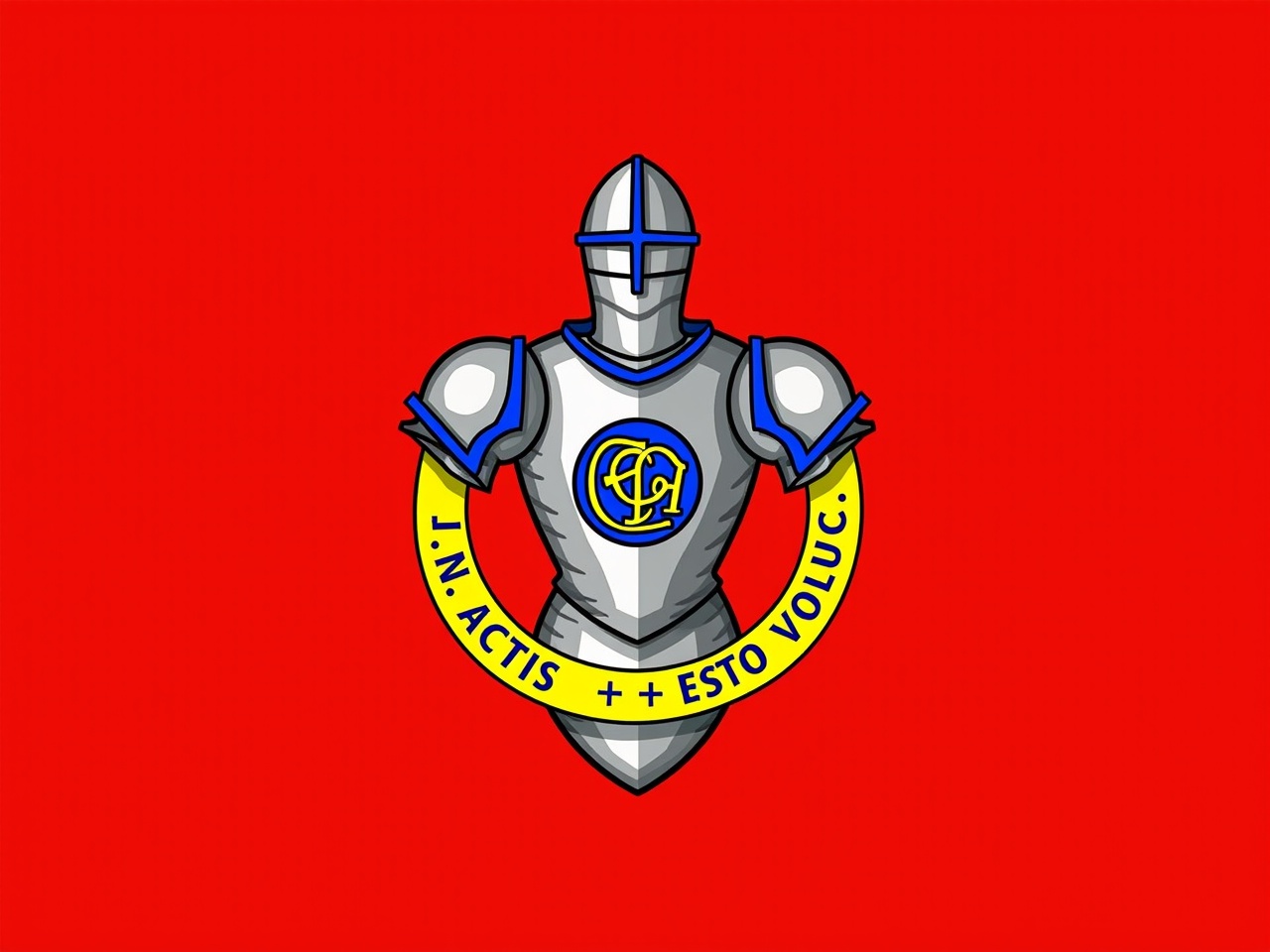 The image features a crest or emblem centered on a red background. It includes a stylized suit of armor in silver with blue and yellow detailing. The armor displays a prominent emblem with the letters 'C' and 'A' intertwined. Around the armor, a yellow ribbon contains the Latin phrases 'J.N. ACTIS' and 'ESTO VOLUC.' The overall design has a combination of medieval and heraldic elements, conveying strength and tradition.