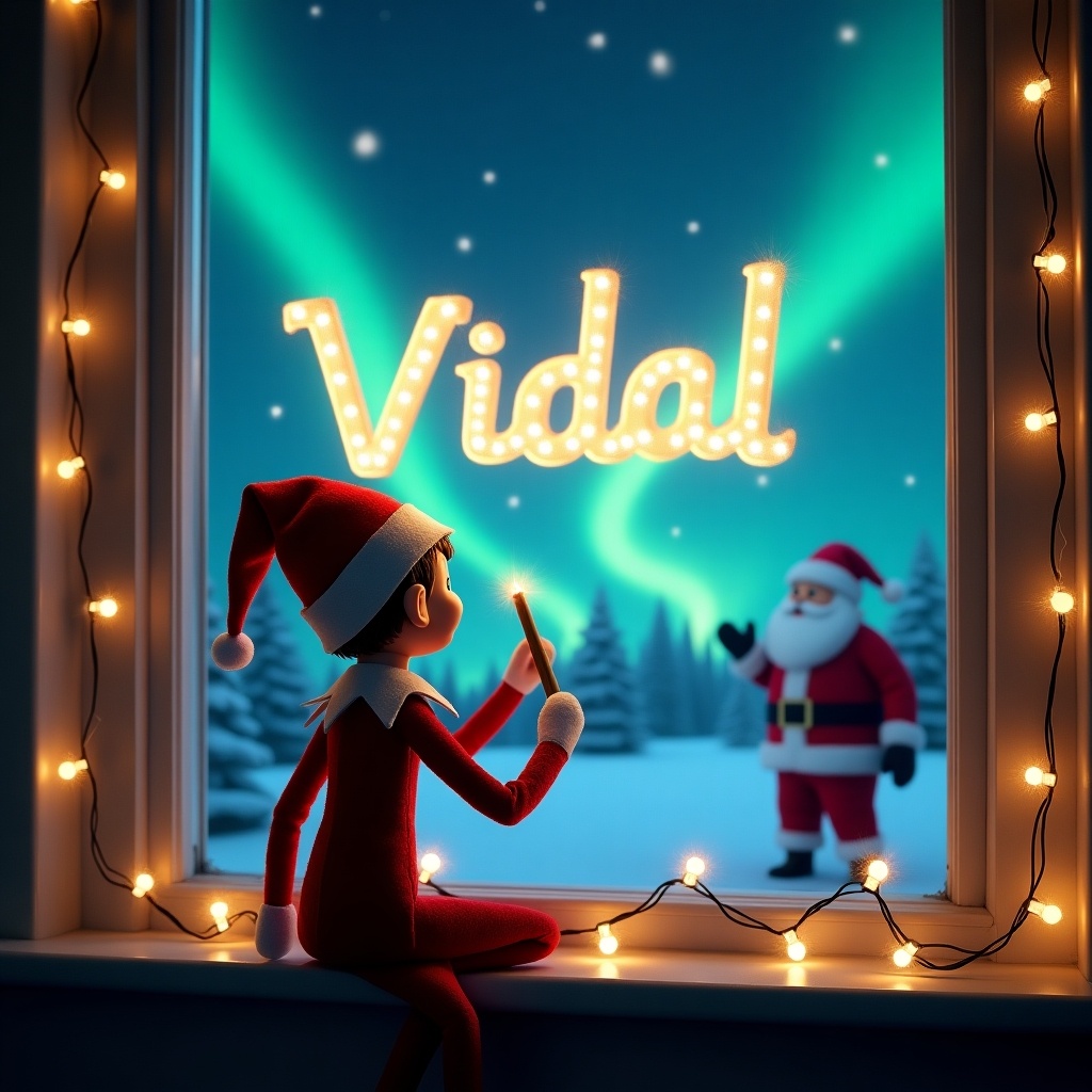 An elf on the shelf faces a magical night sky. He writes 'Vidal' in glowing letters. Northern lights are in the background. Santa Claus appears in the distance. The window has twinkling fairy lights. The image depicts Christmas wonder and magic.