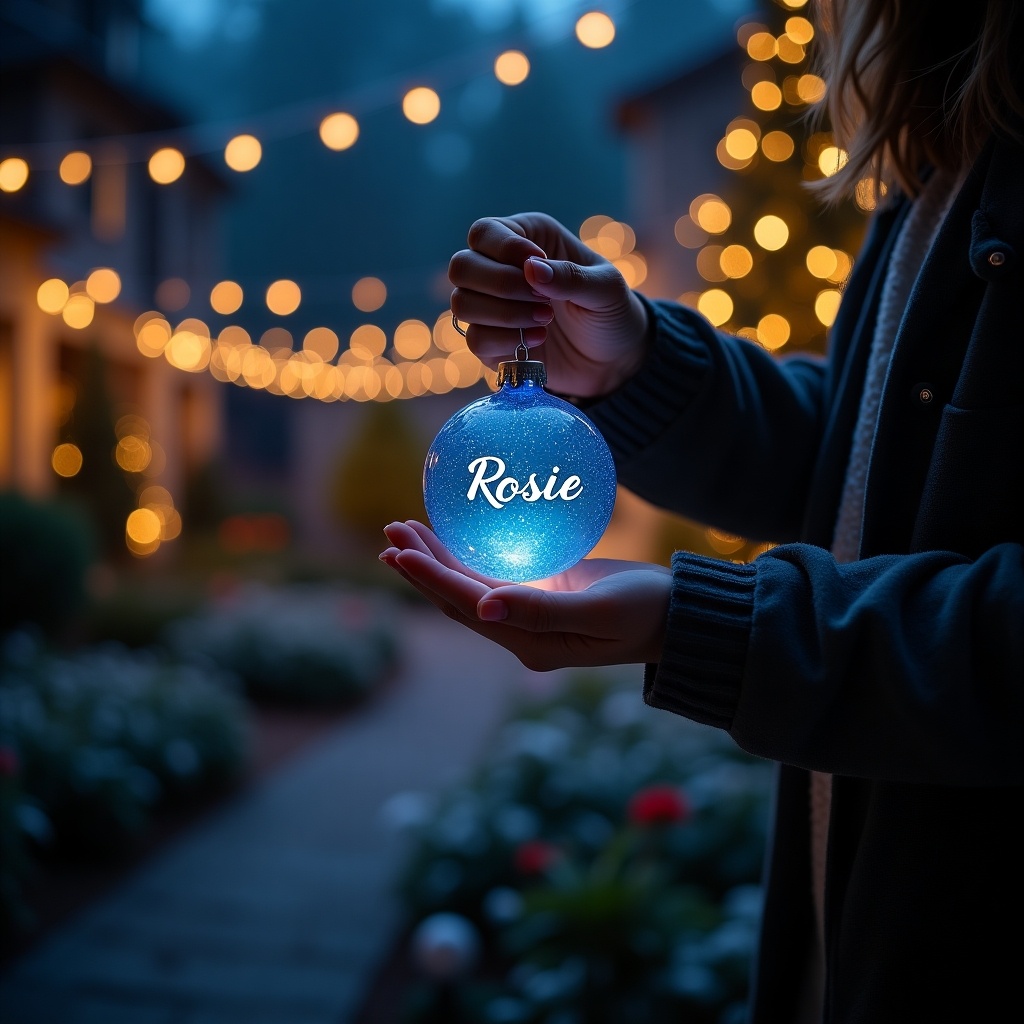 In a peaceful night garden, character holds a blue Christmas bauble with the name Rosie. The bauble glows in contrast to dark surroundings. Twinkling lights set a magical scene for personalized holiday celebrations.