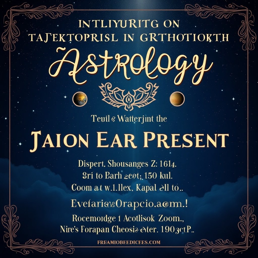 Astrology book launch event details about time venue RSVP. Elegant design features celestial elements. Text included is decorative.