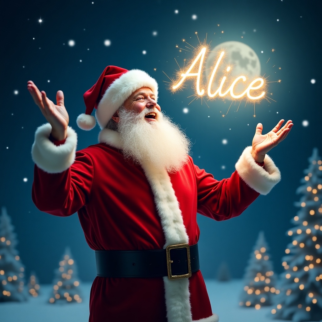 The image features a joyful Santa Claus in his classic red suit and fluffy white trim. He stands against a magical night sky, with twinkling lights resembling stars in the background. In an enchanting display, he is writing the name 'Alice' in the air with sparkles. The scene is illuminated by a bright moon, adding to the festive ambiance. This artistic portrayal captures the spirit of Christmas and the joy of giving, radiating warmth and happiness, embodying the essence of the holiday season.