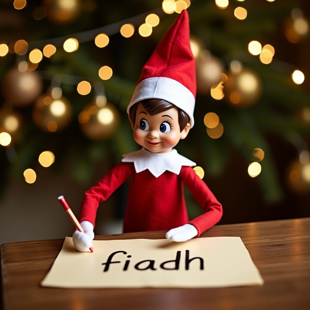 Elf on the Shelf character with a cheerful expression wears a red suit and white collar. The elf is sitting at a wooden table writing on parchment. The name 'fiadh' is on the parchment. The setting includes golden ornaments and string lights for a warm atmosphere. A writing wand adds a magical touch. Creates feelings of holiday joy and whimsy.