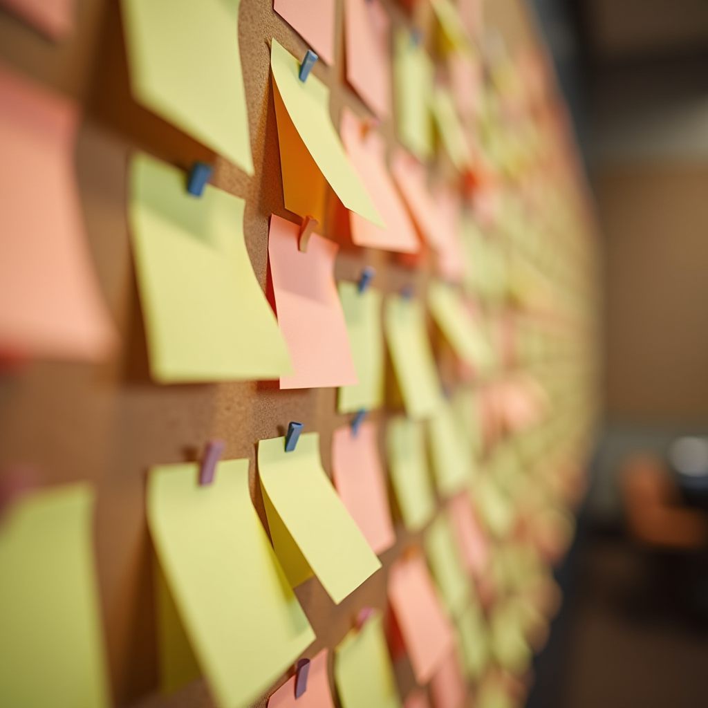 A corkboard filled with colorful sticky notes pinned neatly in rows.