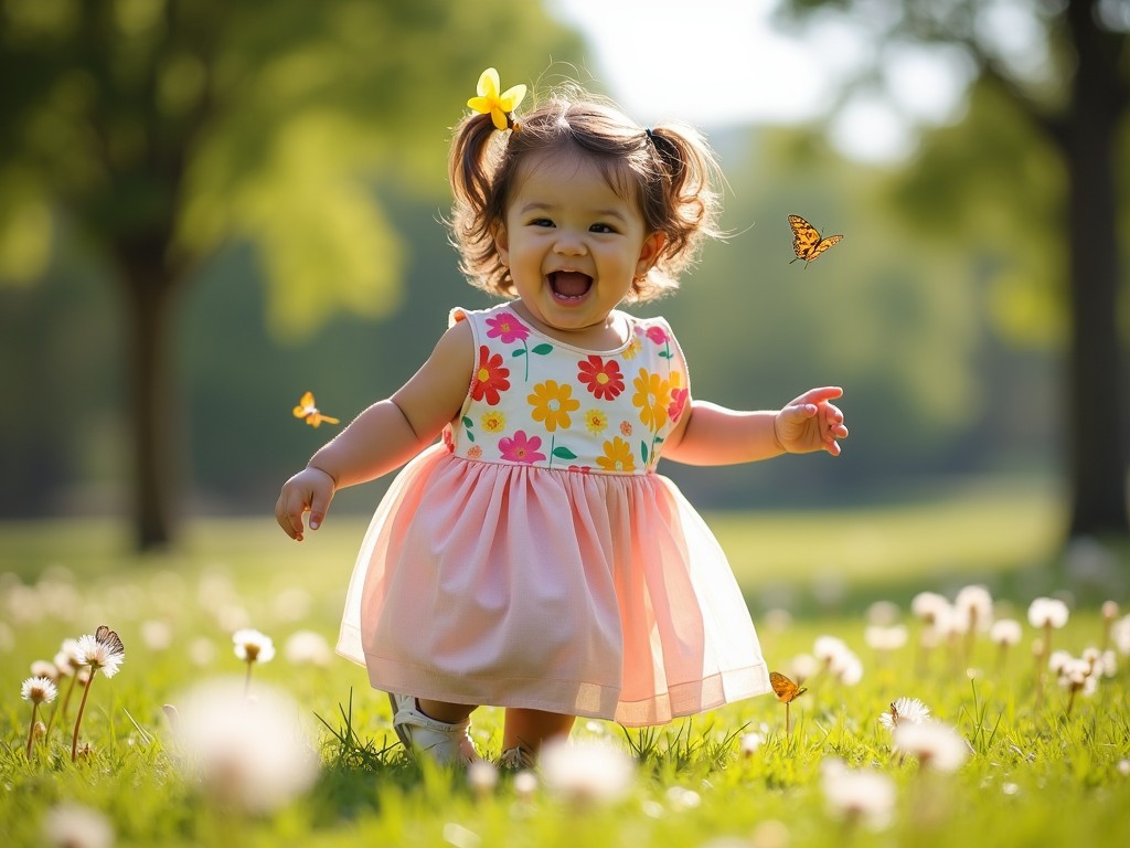 This image features a joyful 3-year-old girl running through a field. She has curly hair adorned with a yellow flower. The girl is wearing a colorful dress with floral patterns. Butterflies are seen fluttering around her. The scene is set in a bright, sunny park with green grass and dandelions. The atmosphere is filled with happiness and innocence, evoking a sense of carefree childhood.