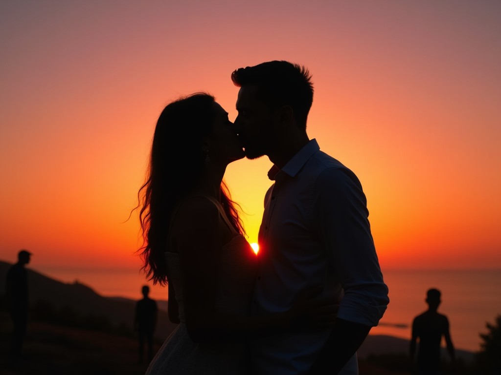 A couple stands close, their foreheads touching and lips almost meeting, silhouetted against a stunning sunset. The backdrop features vibrant hues of orange and yellow illuminating the sky. In the distance, shadowy figures are visible, adding depth to the scene. The couple exudes a feeling of love and intimacy, making it a perfect representation of romance. This enchanting moment captures the beauty of togetherness during twilight hours.