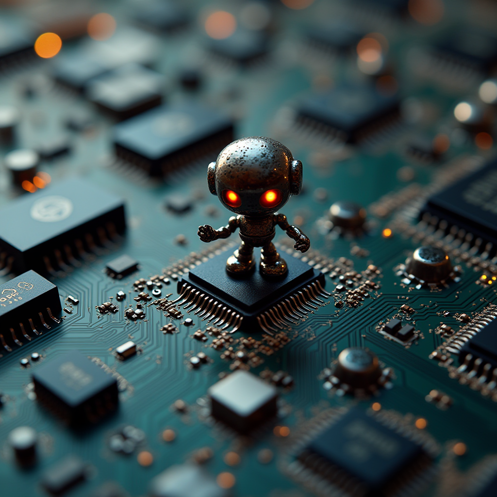 A small toy robot with glowing red eyes stands on a microchip on a circuit board.