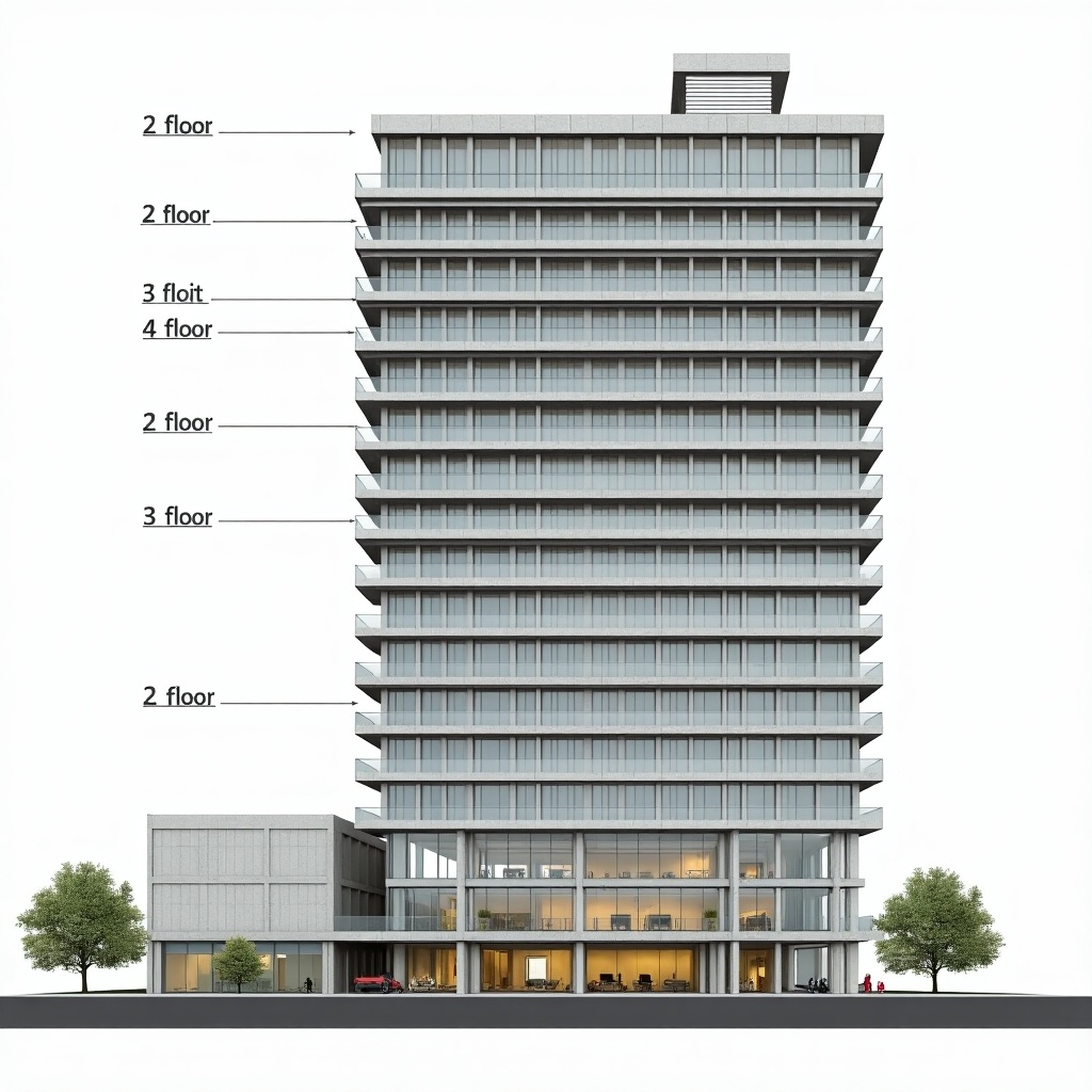 This is a design elevation for a modern 22-storey office building showcasing an industrial look. The building is composed of three distinct integrated units: the first unit consists of 2 floors, the second unit has 4 floors, and the third unit stands at 22 floors. The design emphasizes sleek lines, glass facades, and a contemporary aesthetic. Inside, the building accommodates two offices, one for a bank and another for an oil company. The structure combines functionality with a striking visual appeal, highlighting the dynamic nature of modern architectural styles.