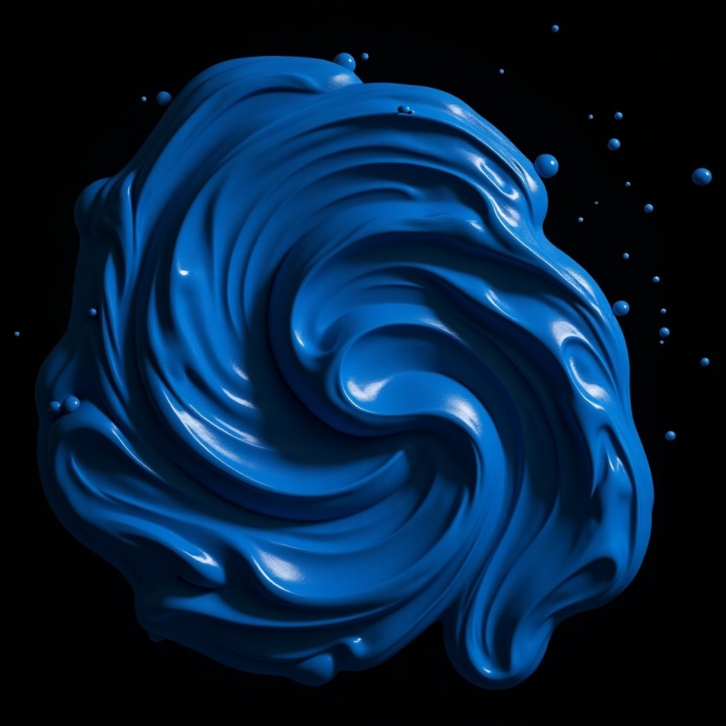 Blue fluid in a swirling pattern on a black background. Bright and shiny appearance with flowing texture.