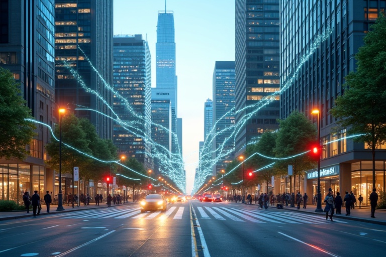 A busy city street illuminated in evening light. Trees line the road with cars passing by. Tall skyscrapers stand on either side. A visual representation of wireless signals flows along the street.