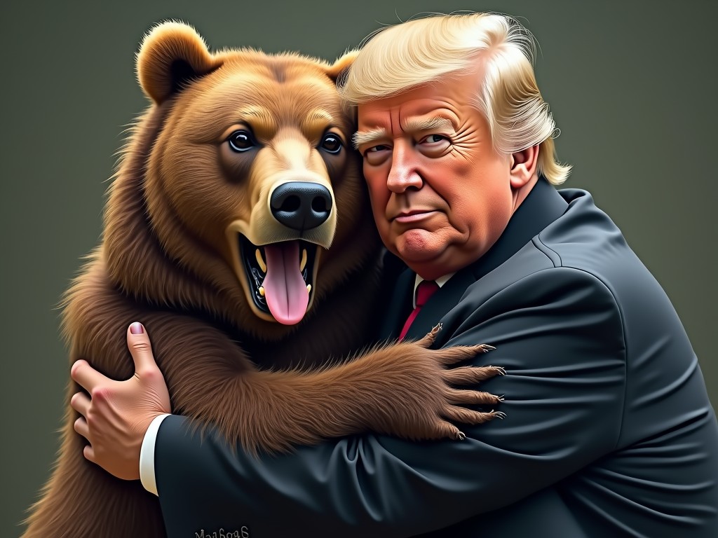 A digitally created image featuring a man in a suit warmly embracing a large, friendly-looking bear. The bear's expression is joyful with its tongue out, suggesting playfulness. The background is a subtle, muted green, which enhances the focus on the unusual bond between the man and the animal.