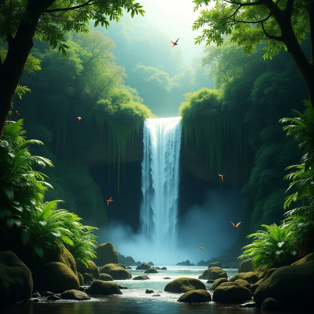 A lush tropical forest scene features a majestic waterfall cascading down a rocky cliff. Thick moss-covered trees surround the waterfall. Vibrant ferns fill the area. Brightly colored birds soar through the air, adding life and motion. The rich green hues create tranquility.