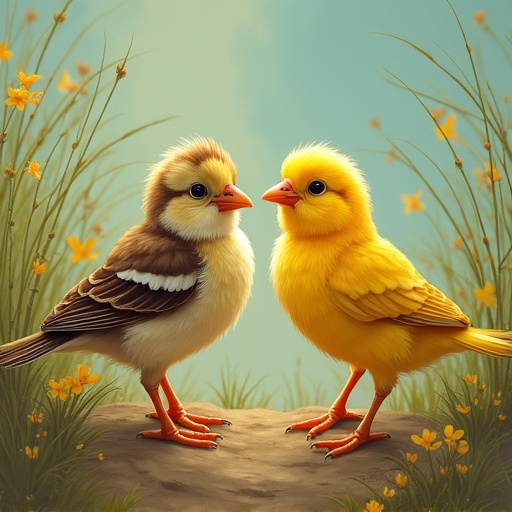 Two vibrant birds face each other in a grassy field with yellow flowers. One bird is brown and white, representing spring. The other bird is bright yellow, representing summer. Gentle lighting creates a warm atmosphere. The background is soft and dreamy.