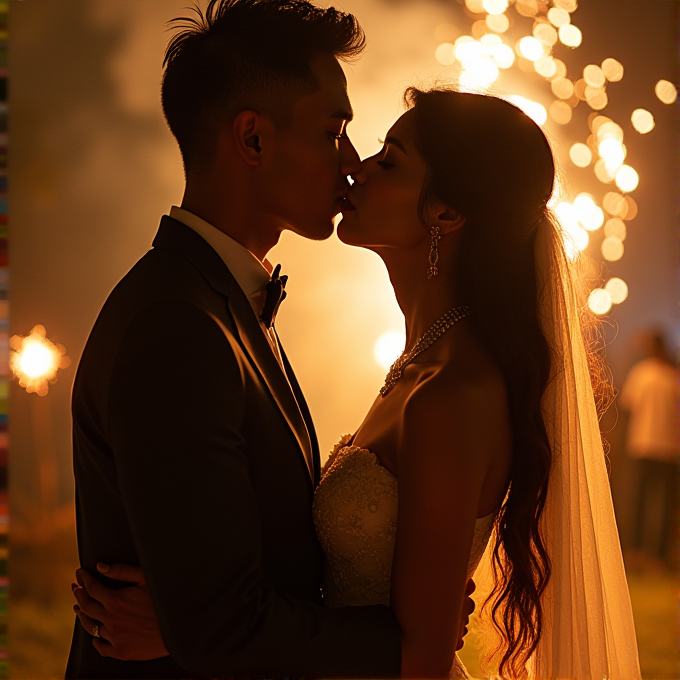 A couple in formal attire shares a kiss against a backdrop of glowing bokeh lights, creating a romantic ambiance.