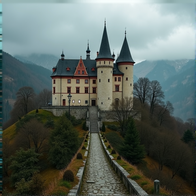 A majestic castle with tall, pointed spires stands atop a hill, surrounded by a misty mountainous landscape.