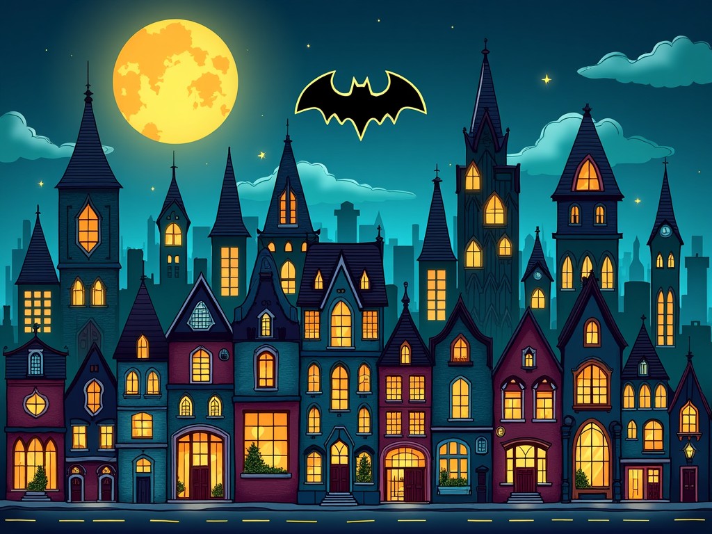 This image features a whimsical cityscape inspired by Gothic architecture. The scene is set at night, with a large, glowing yellow moon illuminating the sky. Above the town, a bat silhouette flies, adding a playful and spooky vibe. The buildings are intricately designed, showcasing tall spires and numerous windows glowing warmly against the night. The overall color palette blends deep blues and warm yellows, creating a magical and inviting atmosphere perfect for themed events or children’s stories.