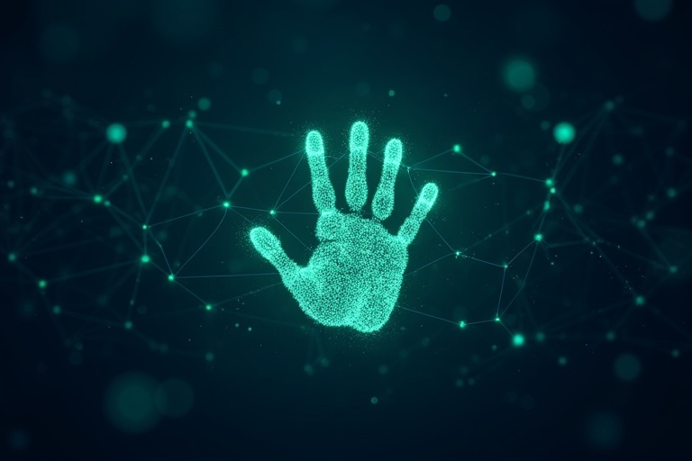 Dark blue starry background with a glowing digital handprint. The handprint is in green and blue hues. Surrounded by a network of interconnected nodes. Subtle light trails connect the nodes to emphasize blockchain.