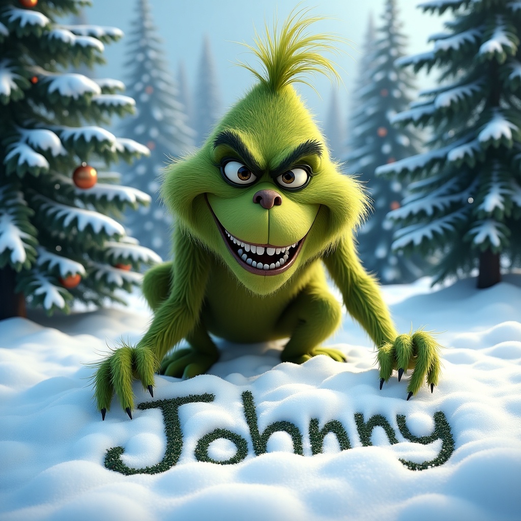 The Grinch is outside in snowy winter. Christmas trees surround. The Grinch is writing 'Johnny' in the snow.