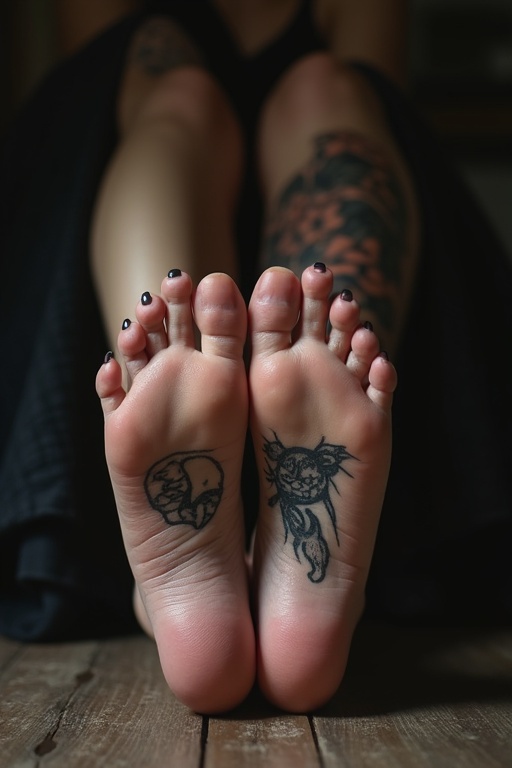 Mature goth woman with tattoos on the soles of her feet. Bare feet displayed with intricate designs. Feet positioned on a wooden floor. Soft lighting enhances tattoo details. Woman dressed in dark attire.