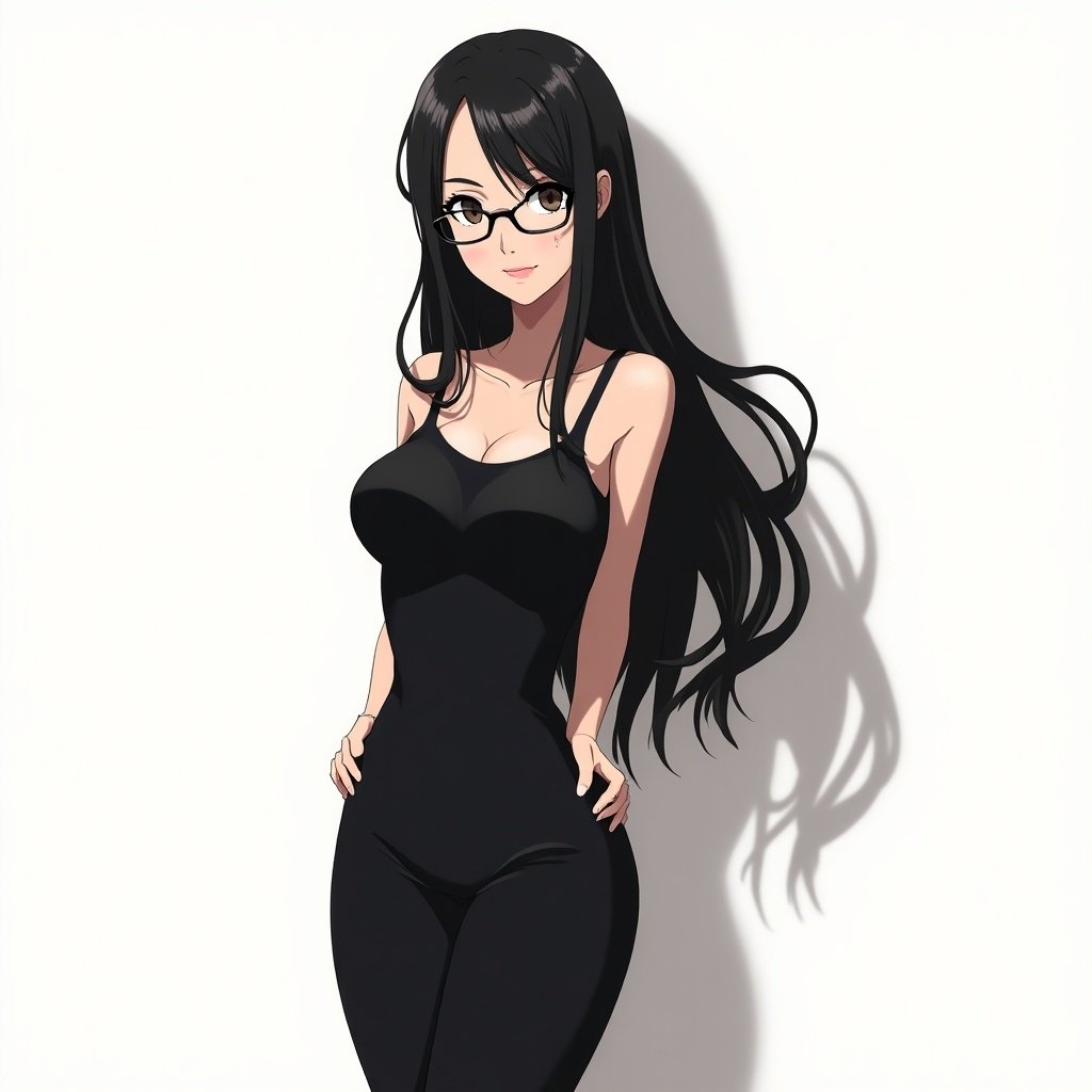 Anime-style illustration of a confident woman in a sleek black dress. Her long black hair flows elegantly. Simple background emphasizes her figure. Poised and intelligent appearance.