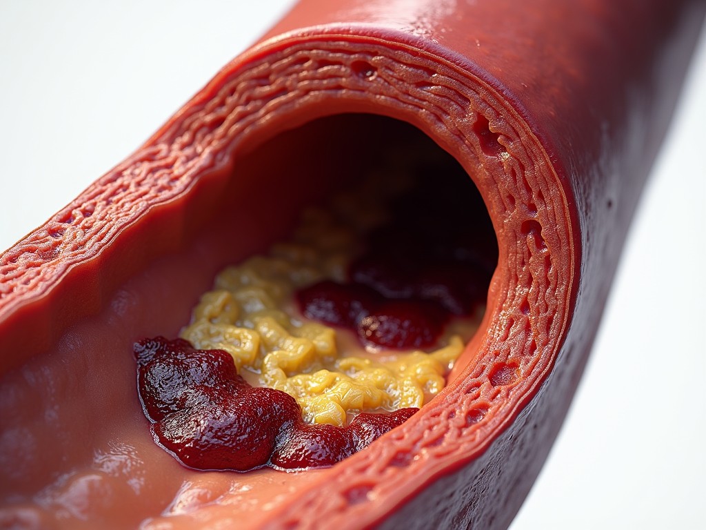 This image is a detailed cross-section of a human artery, illustrating plaque buildup, a common cause of cardiovascular disease. The artery's inner layers can be seen, with a visible accumulation of yellowish plaque material on the artery walls, reducing the passage for blood flow. This visualization highlights the importance of monitoring and maintaining cardiovascular health.