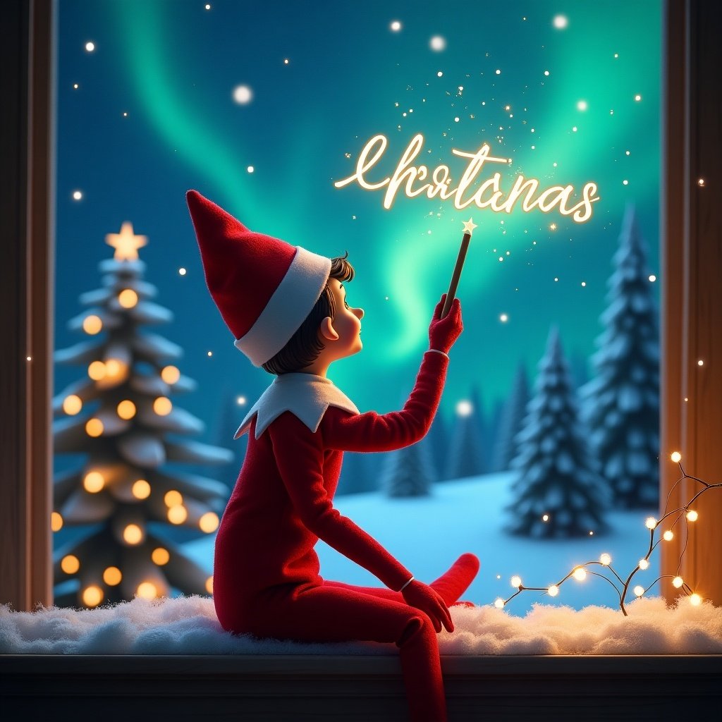 Elf sits with back to viewer. Elf faces sky and writes names with magic wand. Background has magical Christmas scene with northern lights and Christmas trees.