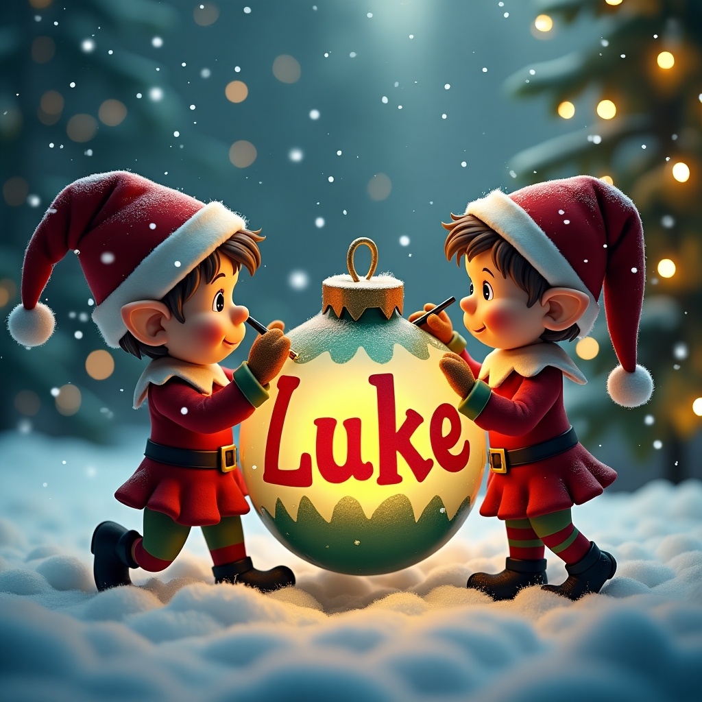 The image features two cheerful elves adorned in red and green attire, joyfully holding a large Christmas bauble. The bauble has the name 'Luke' prominently displayed in bright letters. Surrounding the elves is a snowy landscape, sprinkled with soft, glowing snowflakes, and twinkling lights from Christmas trees in the background. The lighting is warm and inviting, creating a magical holiday atmosphere. This scene embodies the spirit of Christmas and the joy of giving personalized gifts.