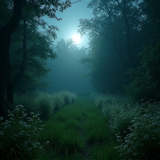 Long grass small clearing surrounded by overgrown forest. Spattering of wildflowers on the edges. Scene illuminated by gentle moonlight. Evokes an eerie beauty and fear.