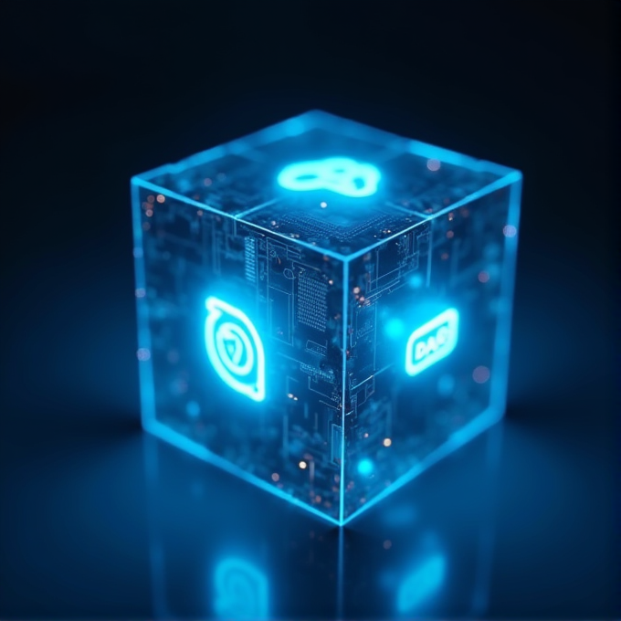 A glowing cube with neon blue symbols and circuitry on its faces, floating in a dark space.