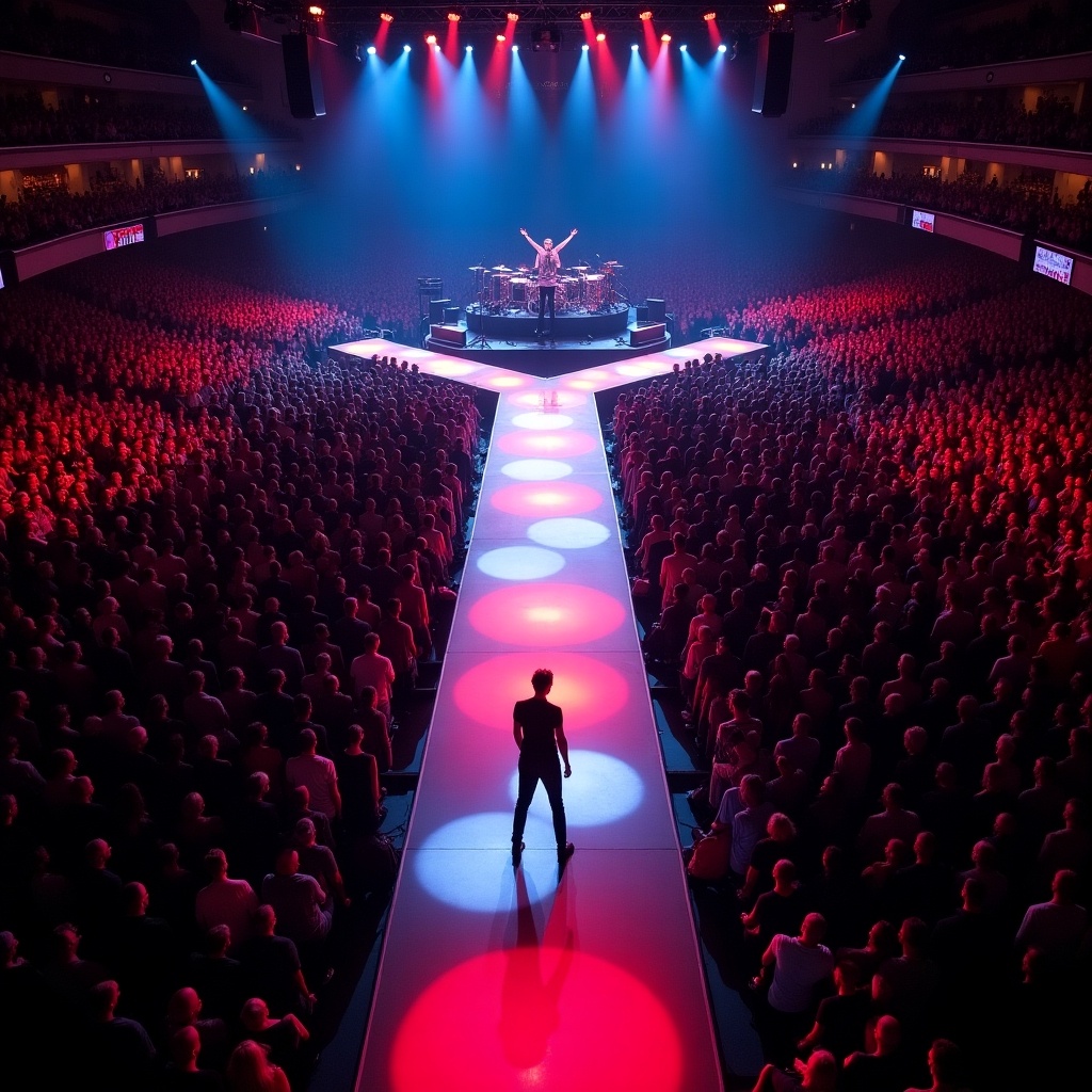 This image showcases a large-scale concert featuring Roddy Rich at Madison Square Garden. The view is taken from a drone perspective, capturing the expansive audience in attendance. The stage is equipped with a T-shaped runway extending into the crowd, enhancing the performer’s connection with fans. Vibrant red and blue lights illuminate the scene, creating a dramatic atmosphere. The image encapsulates the excitement and energy of live performances, typical of a major music event.