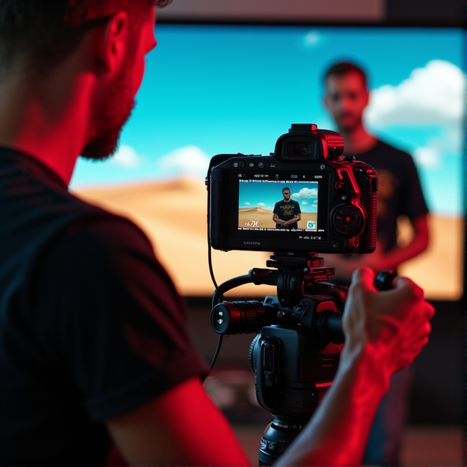 A videographer captures a man speaking in front of a desert landscape backdrop viewed through a camera screen, with a warm red and blue lighting ambiance.