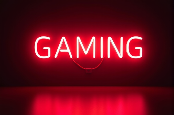 A bright red neon sign spells out the word 'GAMING' against a dark background.