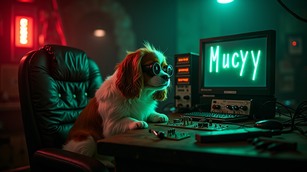 In a dark and eerie bunker, a fluffy Cavalier King Charles Spaniel is sitting in a chair, engaging with a complex piece of machinery. The dog is wearing magnifying goggles. Surrounded by various wires and circuit boards laid out on a bench, the scene captures an unusual interaction between the pet and the repair of military equipment. Next to the dog are oscilloscopes and multimeters displaying signals. A bright red emergency alarm lights up the background, adding to the eerie industrial atmosphere while highlighting the dog's expressive face. The computer screen displays the text 'Mucy' in glowing green font, enhancing the technological theme.