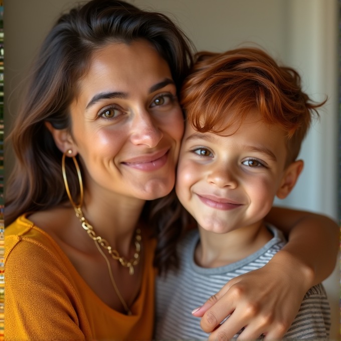 A woman and young boy smiling closely together.