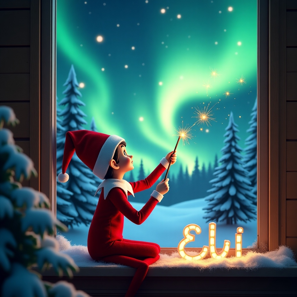 The image features an elf on the shelf sitting on a windowsill. The elf gazes up at the sky. He uses a wand to create magical sparks. The background shows northern lights in a Christmas scene. Pine trees covered in snow surround the setting. The elf wears a red outfit with white trim.