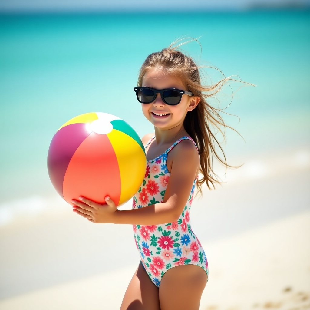 A young girl stands on a sandy beach. She wears a floral swimsuit and sunglasses. She holds a colorful beach ball. The turquoise sea is in the background. The girl shows happiness.