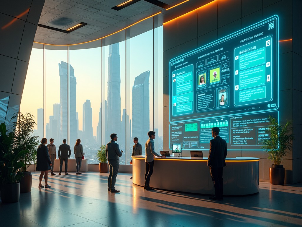 The image showcases a futuristic cityscape filled with towering skyscrapers and advanced technology. In the foreground, a traditional customer service desk is bustling with activity. Behind the desk, a large screen displays an AI-powered chatbot interface, seamlessly blending the physical and digital worlds. The lighting is bright and colorful, enhancing the sleek lines and metallic surfaces of the environment. The overall atmosphere is dynamic and forward-thinking, highlighting the role of technology in enhancing customer service interactions.