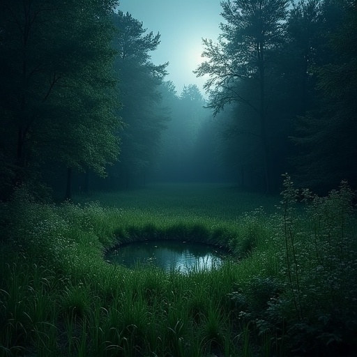 A long-grassed circular clearing in an overgrown forest. Wildflowers border the clearing partially. The scene is dark but illuminated by gentle moonlight. The overall atmosphere evokes feelings of eerie beauty and fear.