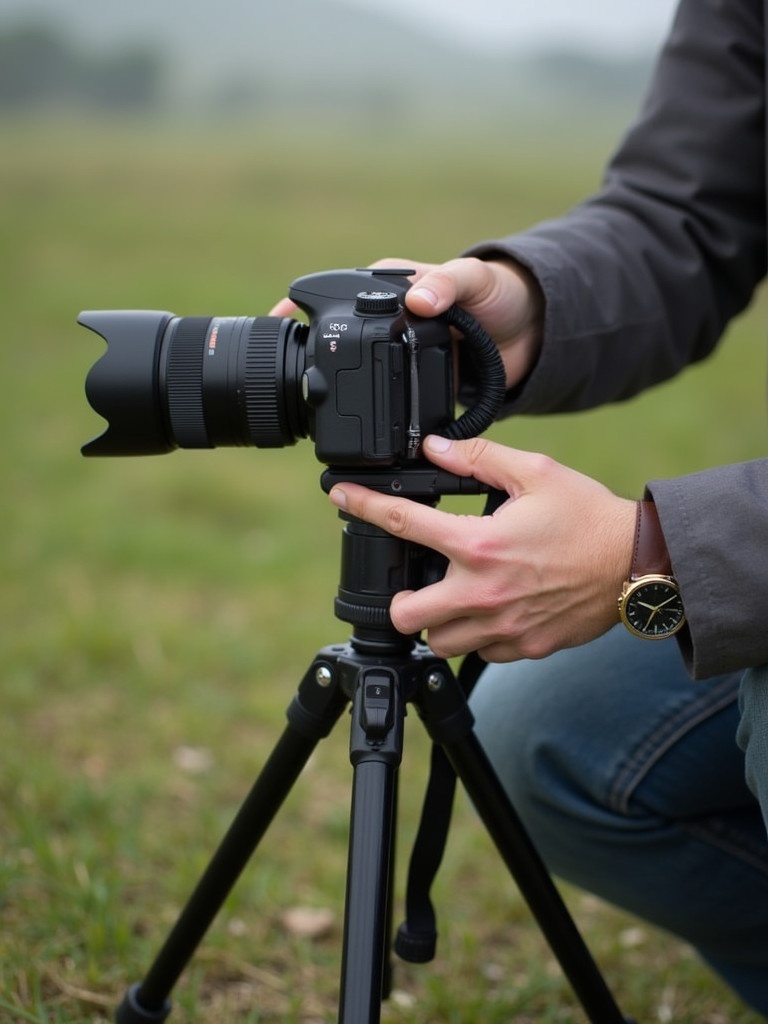 Person adjusting camera on tripod in natural setting. Camera has large lens attached. Ground is grassy and green. Focus on hands and camera gear.