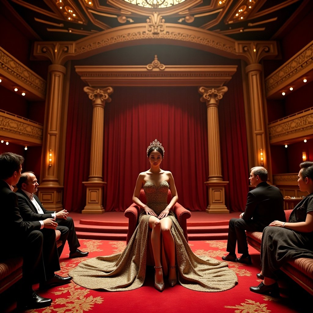 Phantom of the Opera themed decoration featuring a bigger raised stage and visible audience on daybeds. Queen in an Asian slit dress sitting on a throne with grand decor.