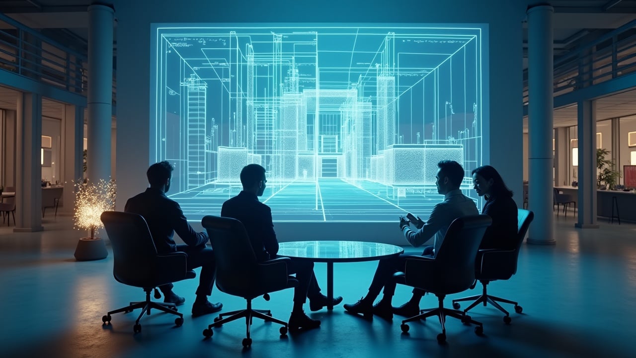 High-tech design studio setting. Team using BIM and AI tools to collaborate on a project. Wide shot of the team celebrating. Holograms and visualizations surrounding them. Shot in ultrarealistic style.