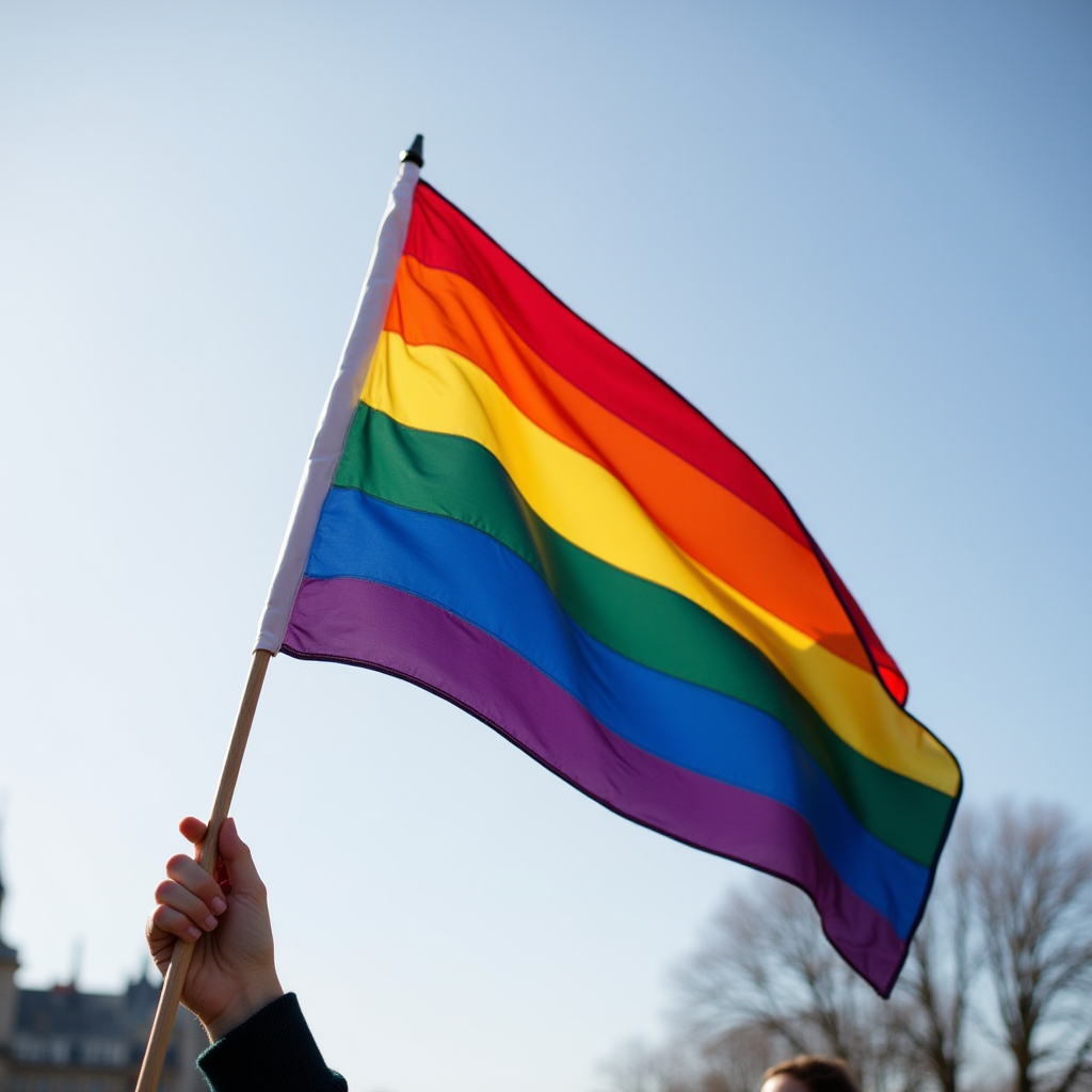 A person holds a rainbow flag against a clear blue sky.