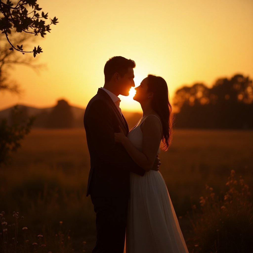 Full-body portrait of a romantic couple standing together outdoors during sunset. The couple is embracing while the sun sets in the background, creating a warm golden atmosphere. The scene conveys intimacy and tranquility. 