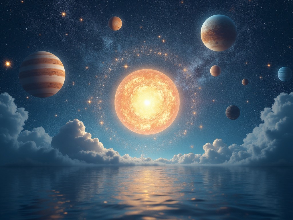 a dreamlike illustration of the solar system with planets orbiting around a glowing sun, set against a starry sky with reflective water in the foreground