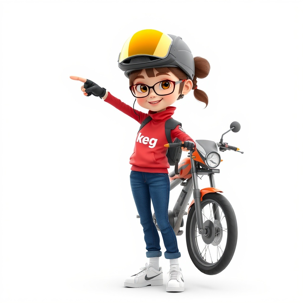 A cheerful cartoon girl pointing forward while standing next to a motorbike.