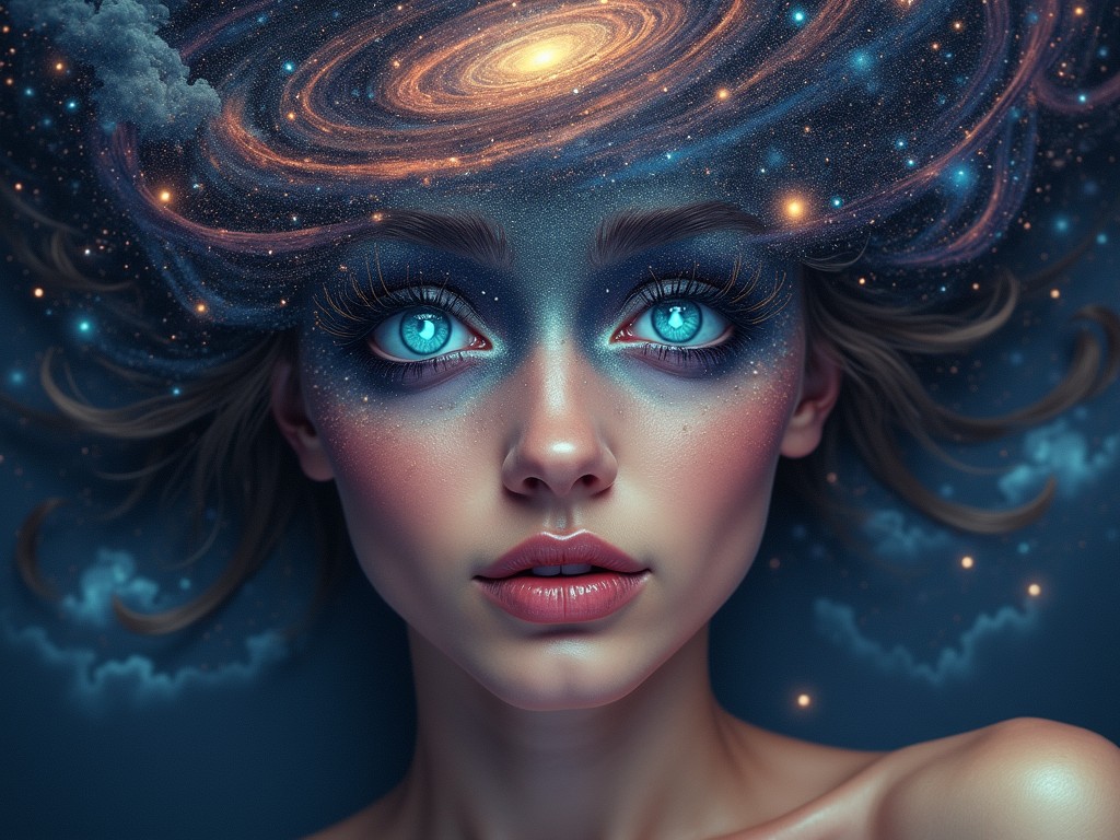 This ethereal digital art piece depicts a woman whose hair and eyes are intertwined with a swirling galaxy filled with stars and celestial bodies. Her face is illuminated with a celestial glow, suggesting a profound connection to the universe. The vibrant blues and oranges dominate the image, creating a surreal and enchanting atmosphere.