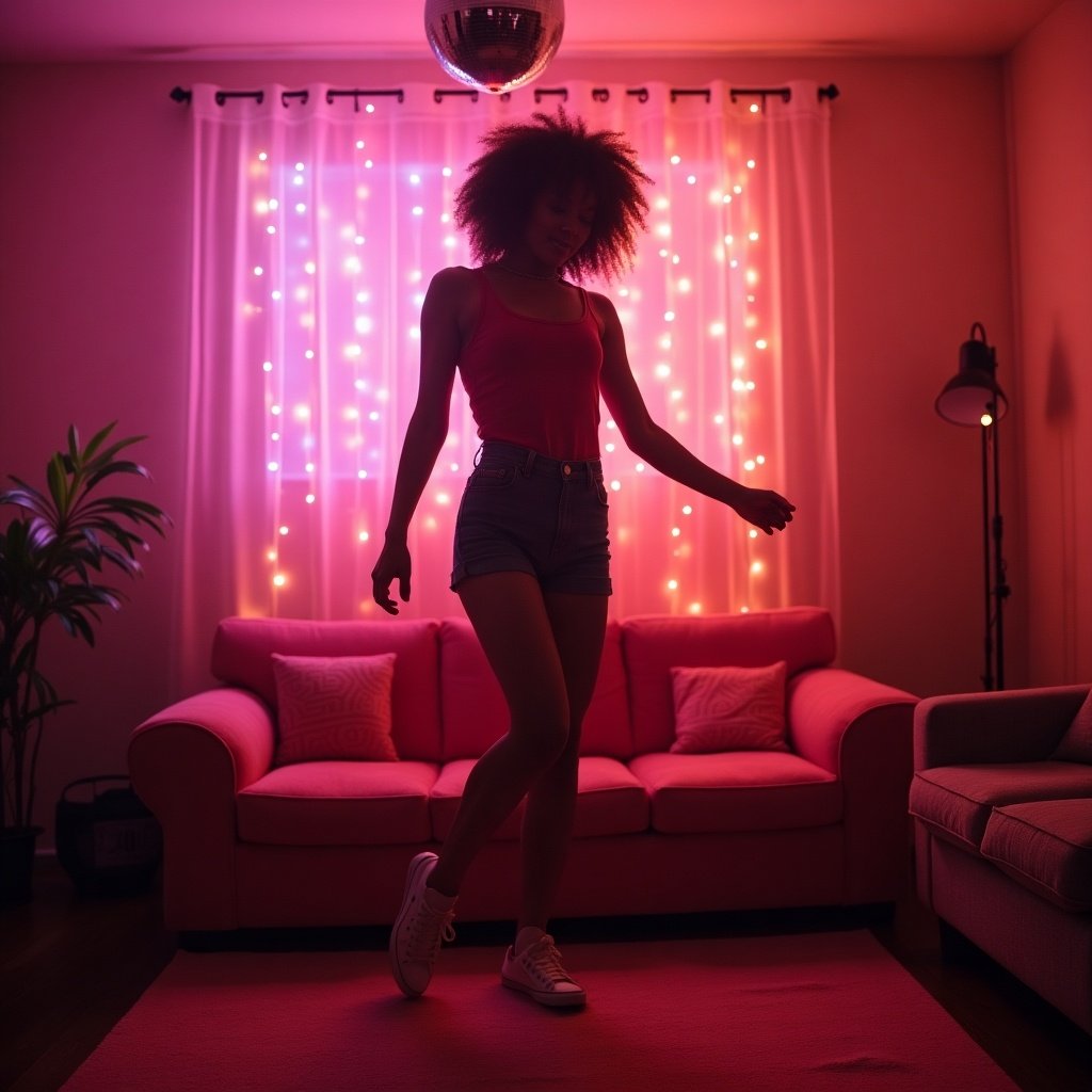 80's black girl dancing in vintage 1980's decorated living room with disco ball on the ceiling, pink moodlights and a retro couch in the center